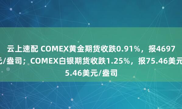 云上速配 COMEX黄金期货收跌0.91%，报4697.7美元/盎司；COMEX白银期货收跌1.25%，报75.46美元/盎司